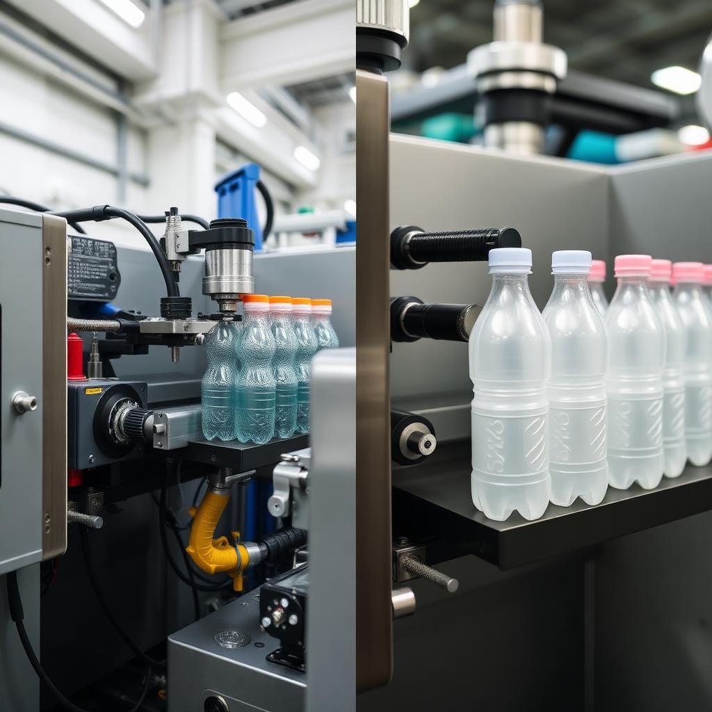 Comparativa máquina de inyección y máquina de soplado fabricando botellas plásticas
