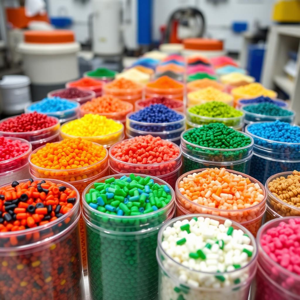 Granza de plástico de colores para inyección: PP, PE, ABS, PC, PA en laboratorio industrial