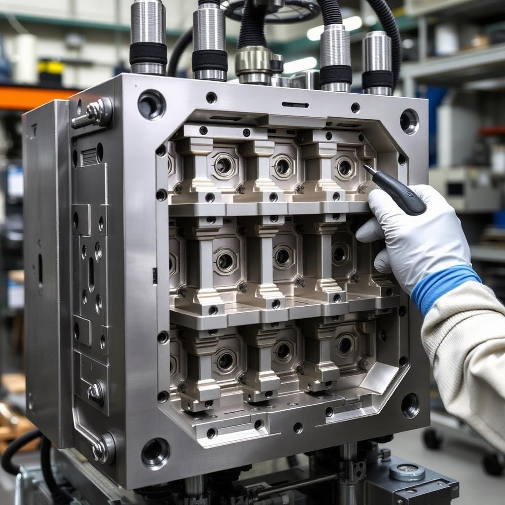 Molde de inyección de plástico complejo siendo inspeccionado por técnico industrial