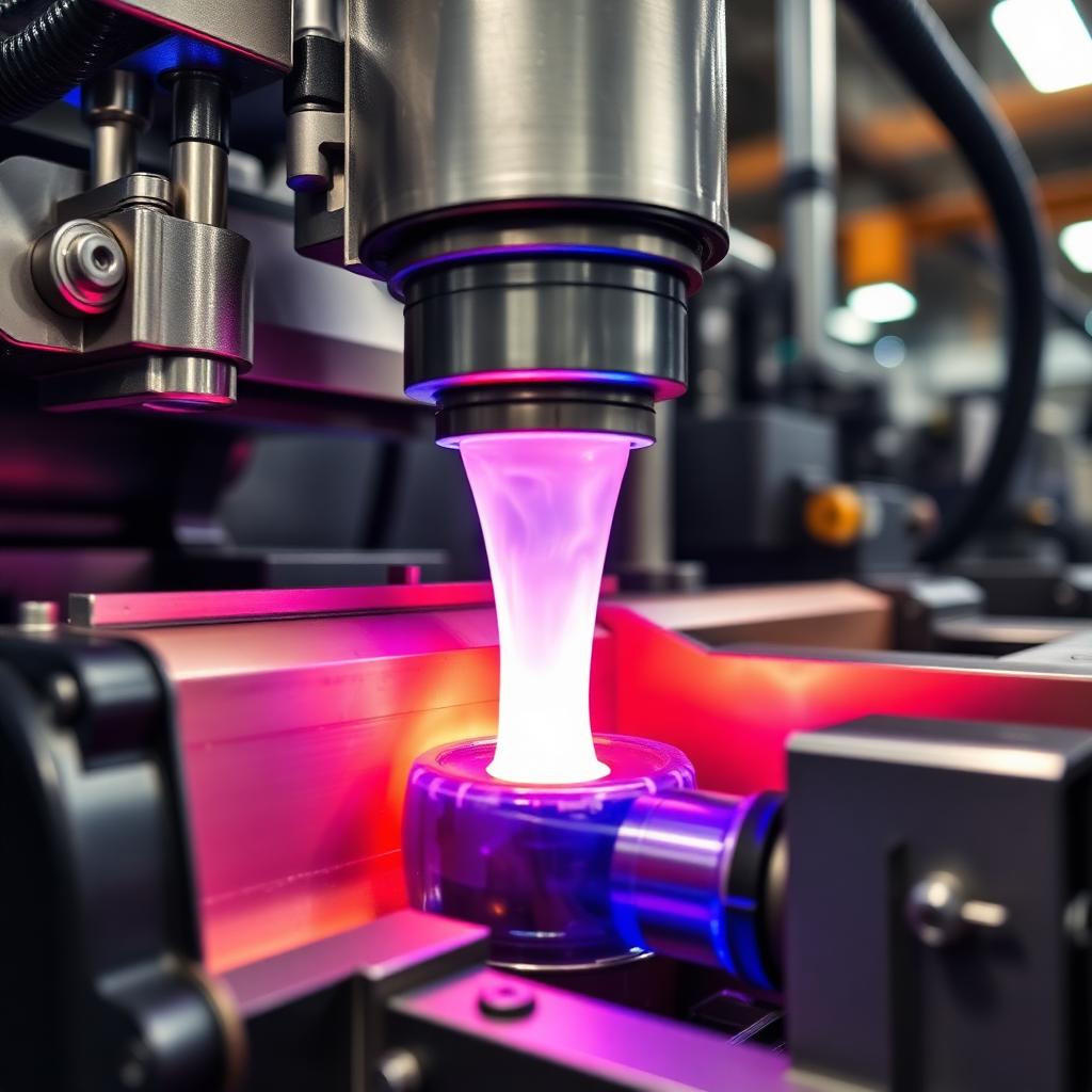 Máquina de inyección de plástico industrial inyectando material fundido en molde