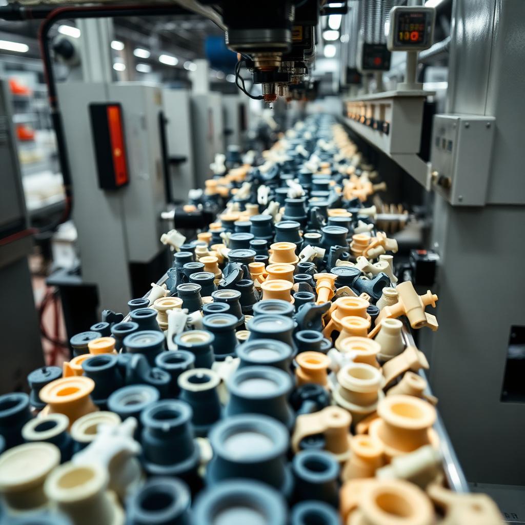 Producción en serie de piezas plásticas iguales en línea de inyección industrial