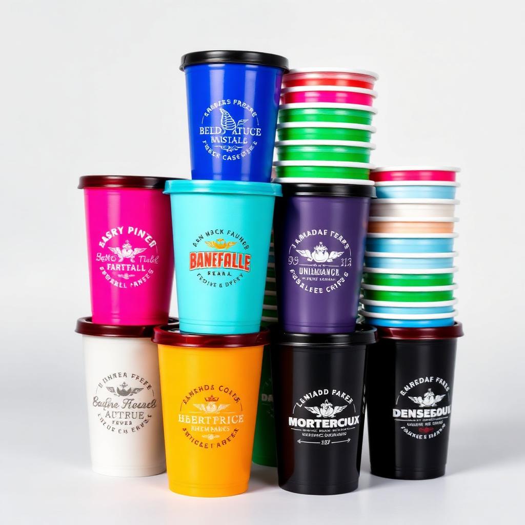 Vasos de plástico personalizados de colores con logo apilados para eventos
